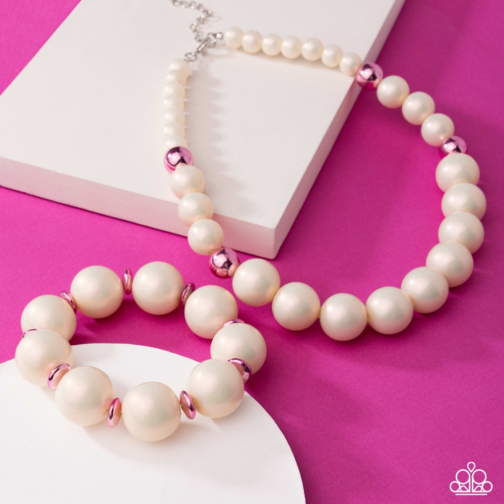 Paparazzi Cream and Pink Bead Necklace Set Pearl Platoon Fashion Jewelry